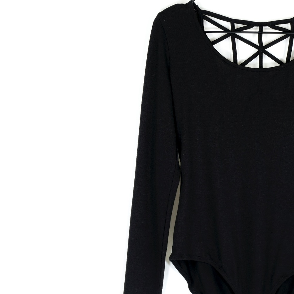 XHILARATION Black Strappy Long Sleeved Bodysuit